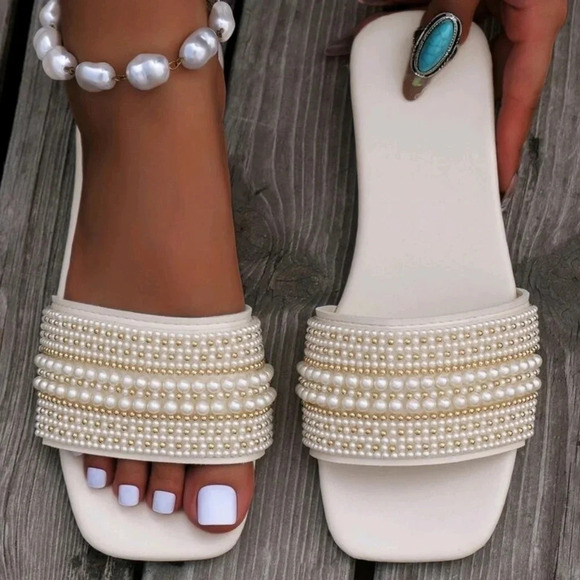 Fashionable Faux Pearl Decorated Square Toe Flat Sandals For Summer - Picture 1 of 6